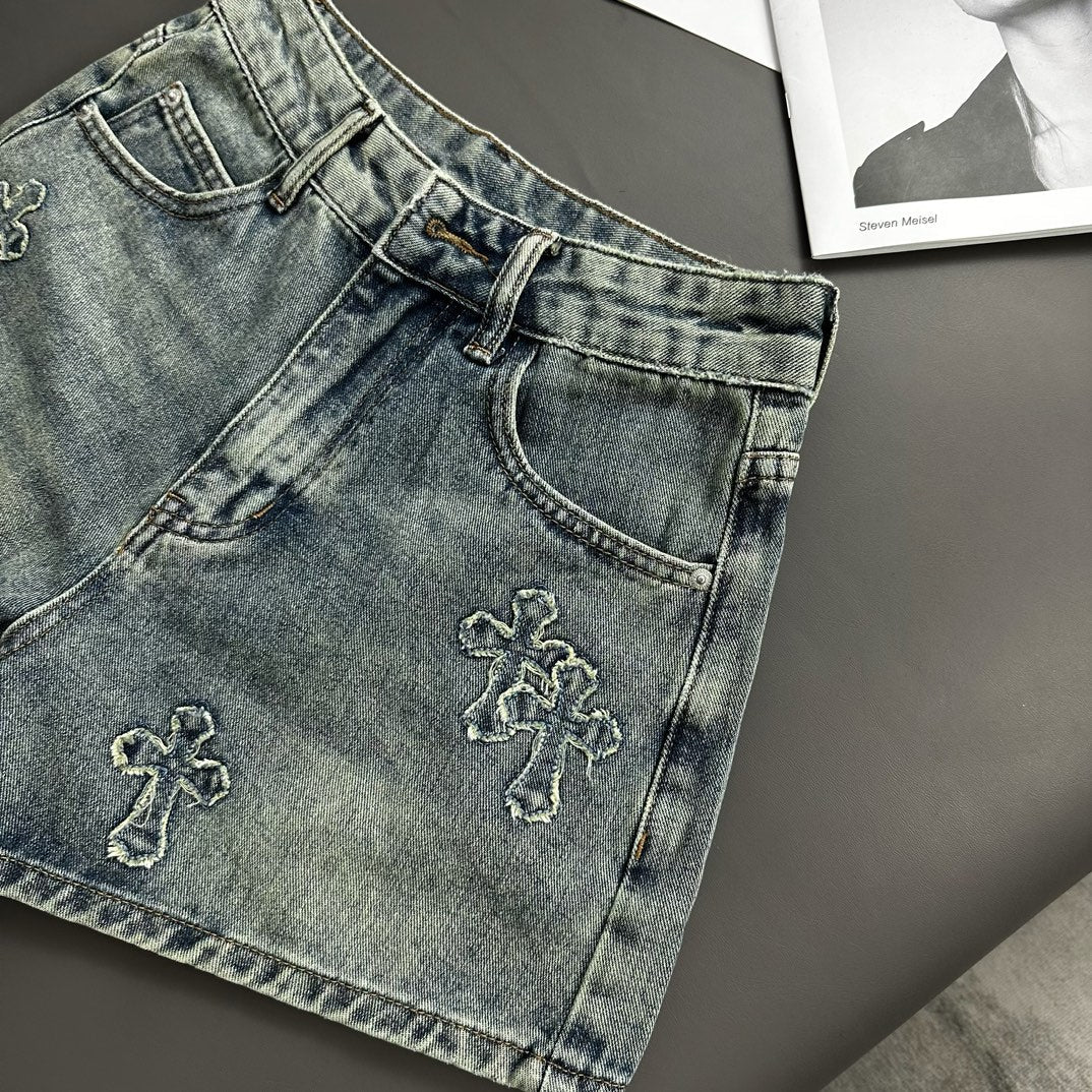 Cross patch embroidered vintage denim shorts