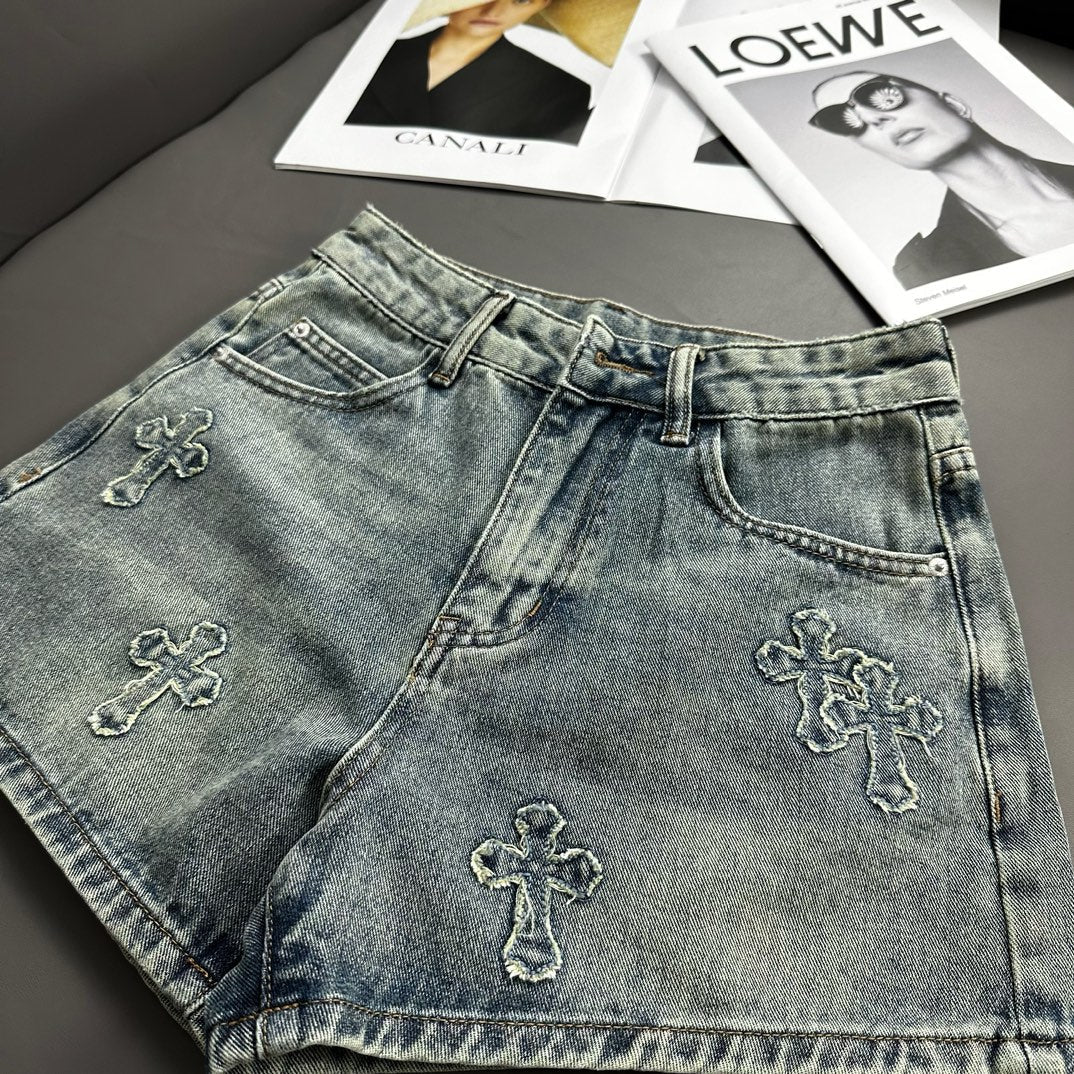 Cross patch embroidered vintage denim shorts