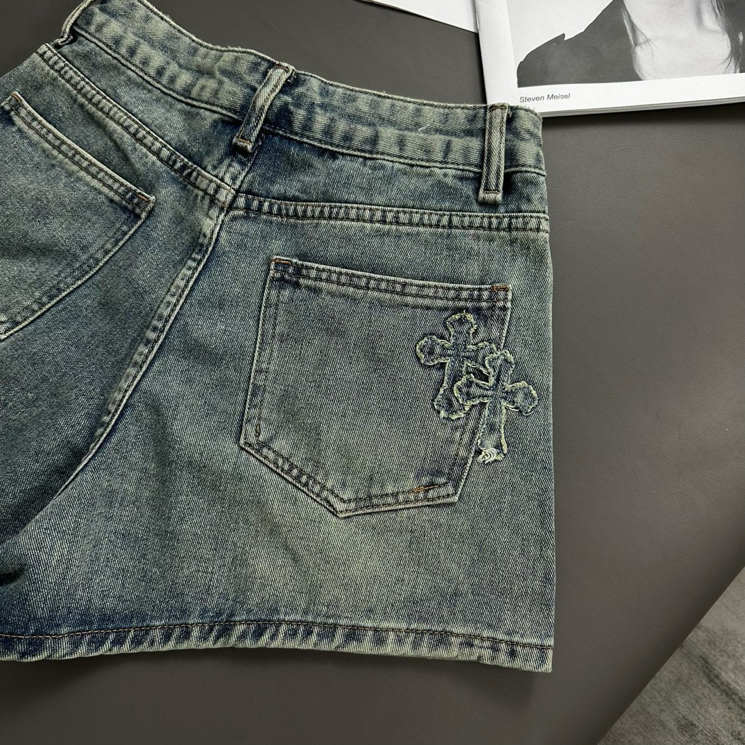 Cross patch embroidered vintage denim shorts