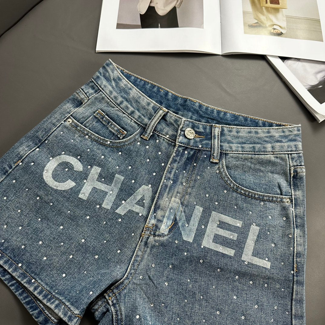 Rhinestone Lettering Denim Shorts