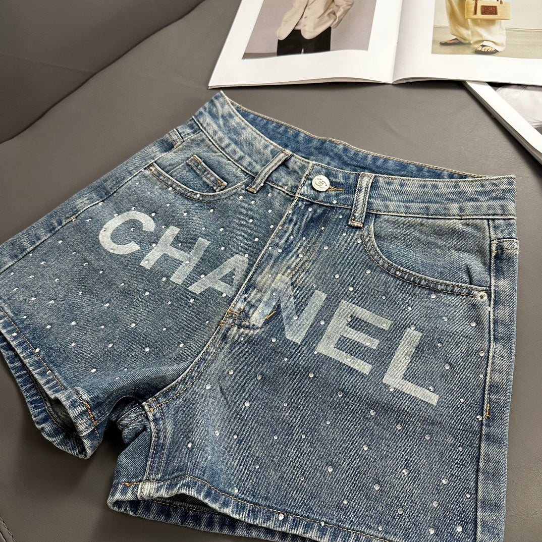 Rhinestone Lettering Denim Shorts