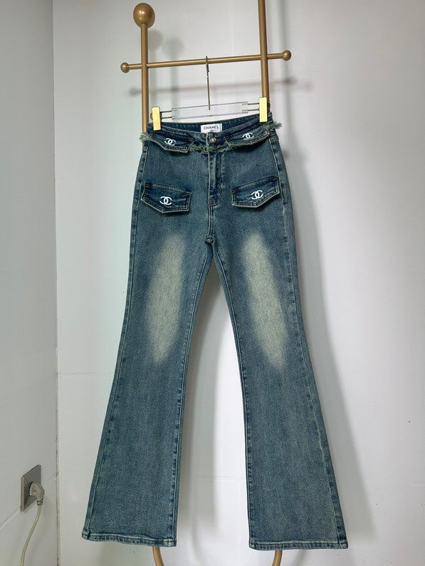 Raw-edge denim flared pants