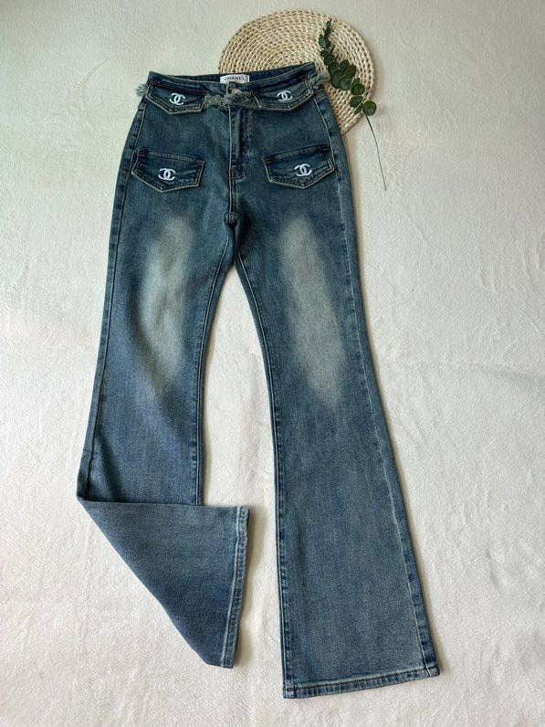 Raw-edge denim flared pants