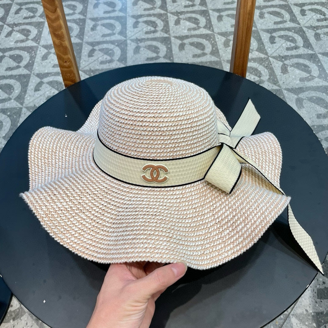 Ruffled pearl style wide brim hat