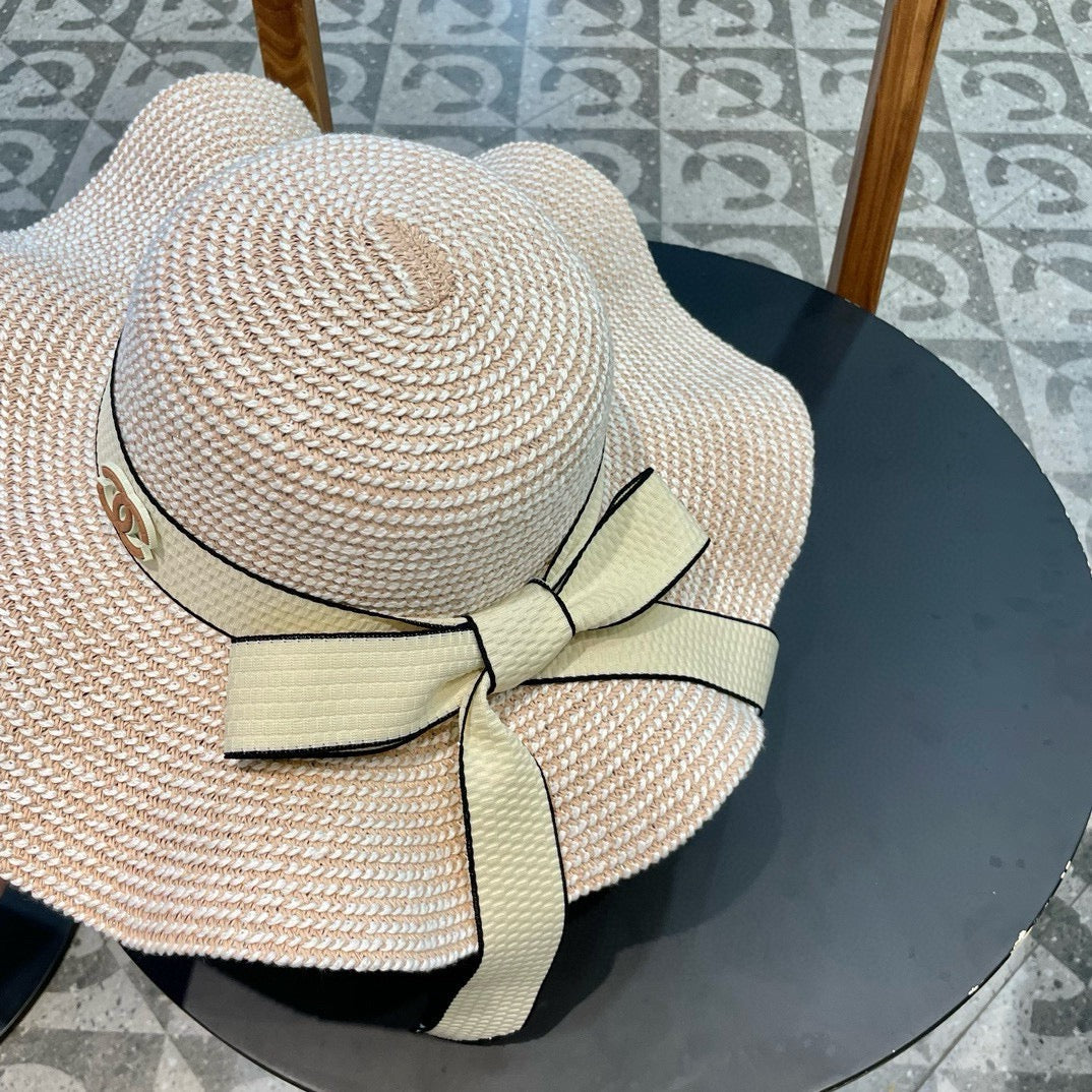 Ruffled pearl style wide brim hat