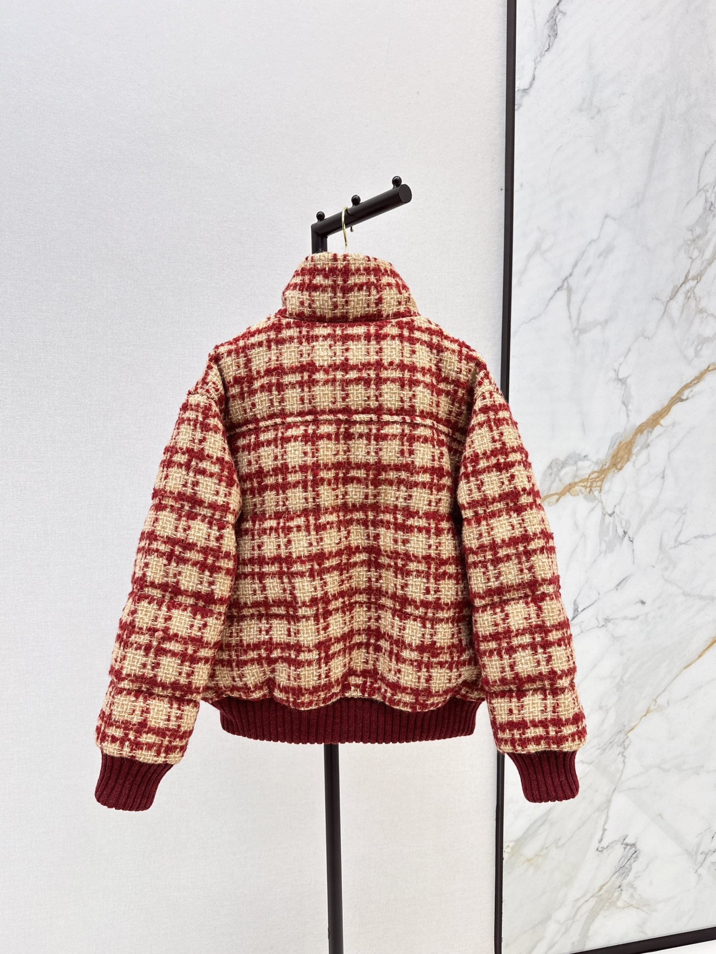 Ski tweed plaid stand collar down jacket