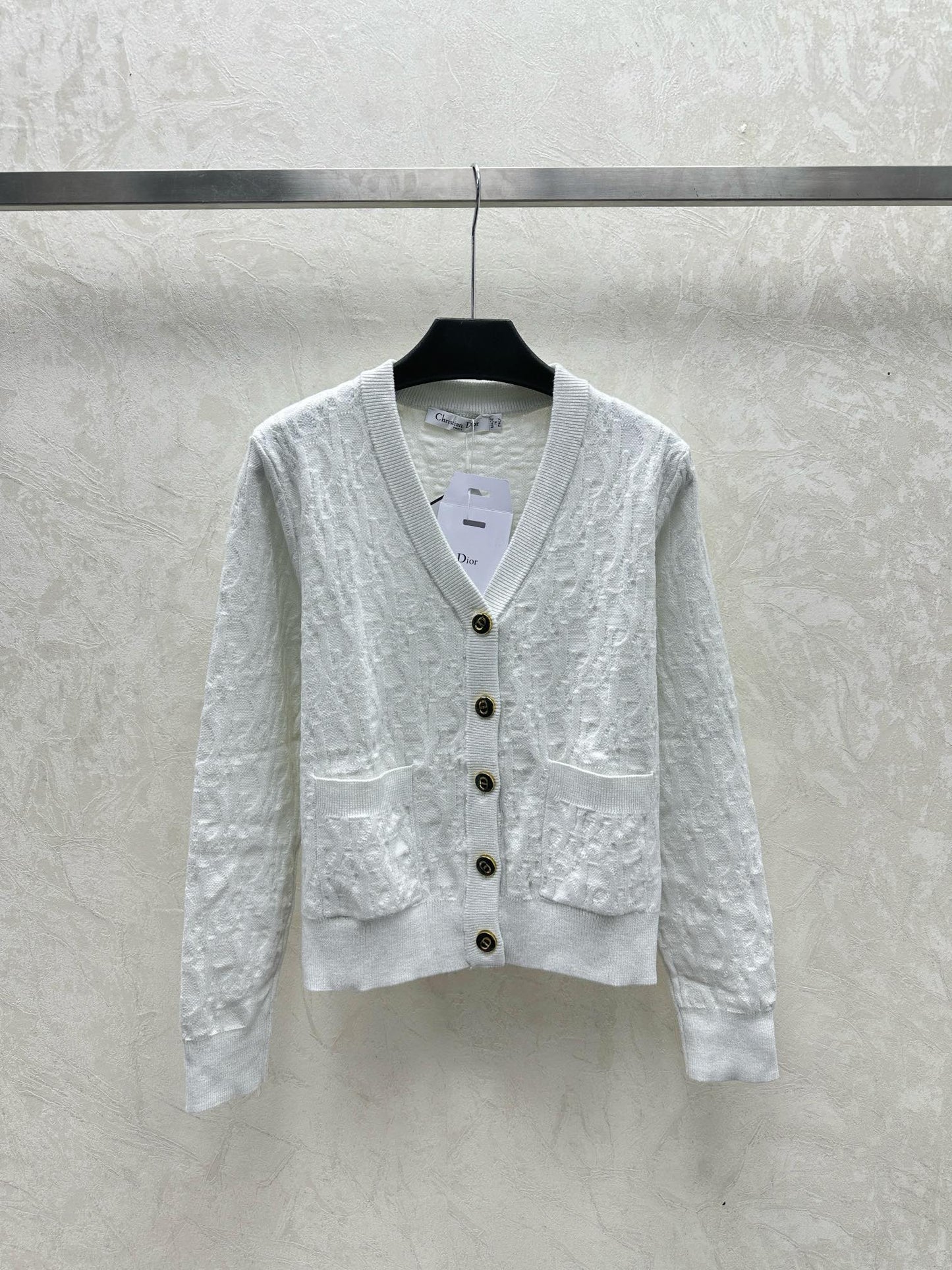 Dark jacquard knitted V-neck cardigan jacket