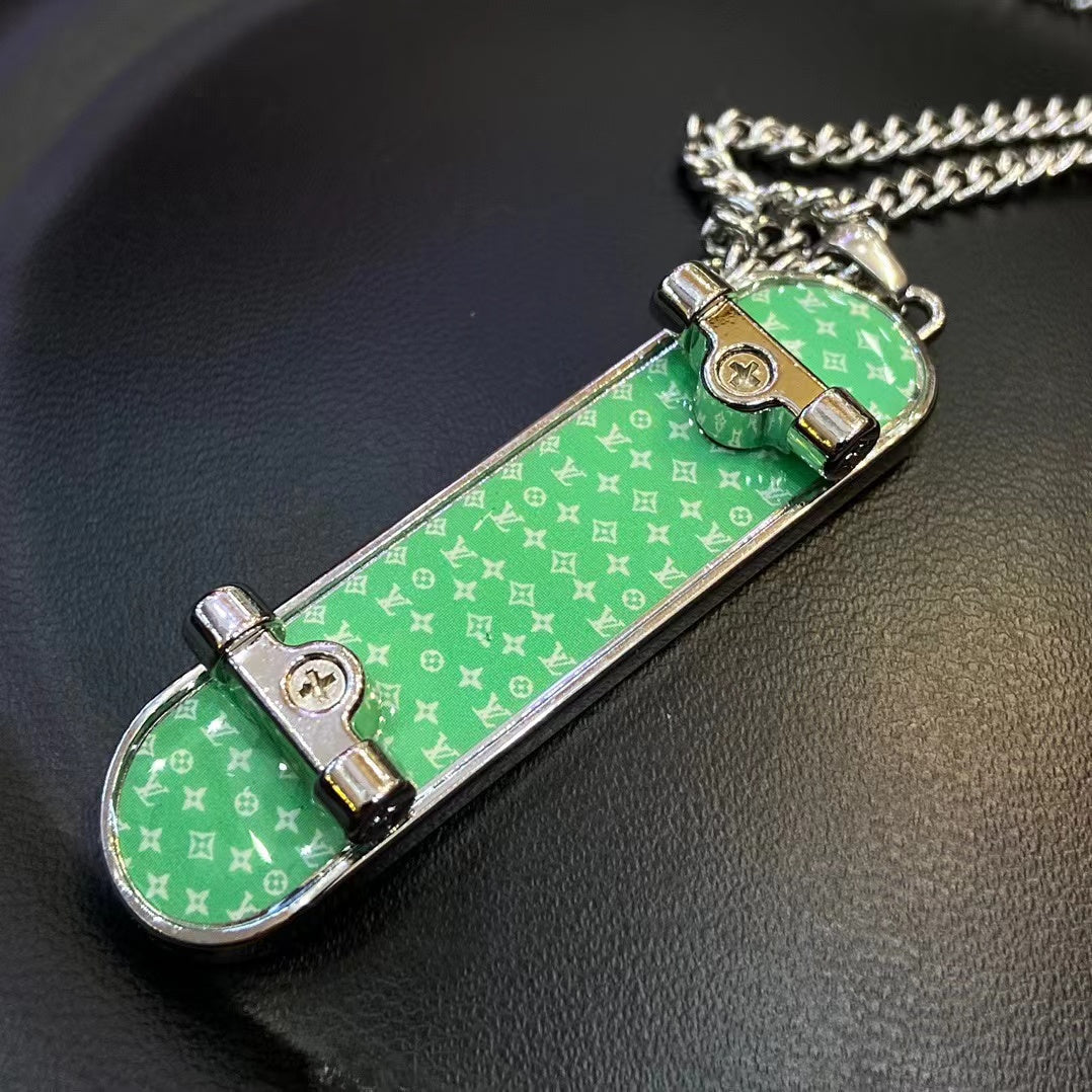 Skateboard style metal pendant necklace