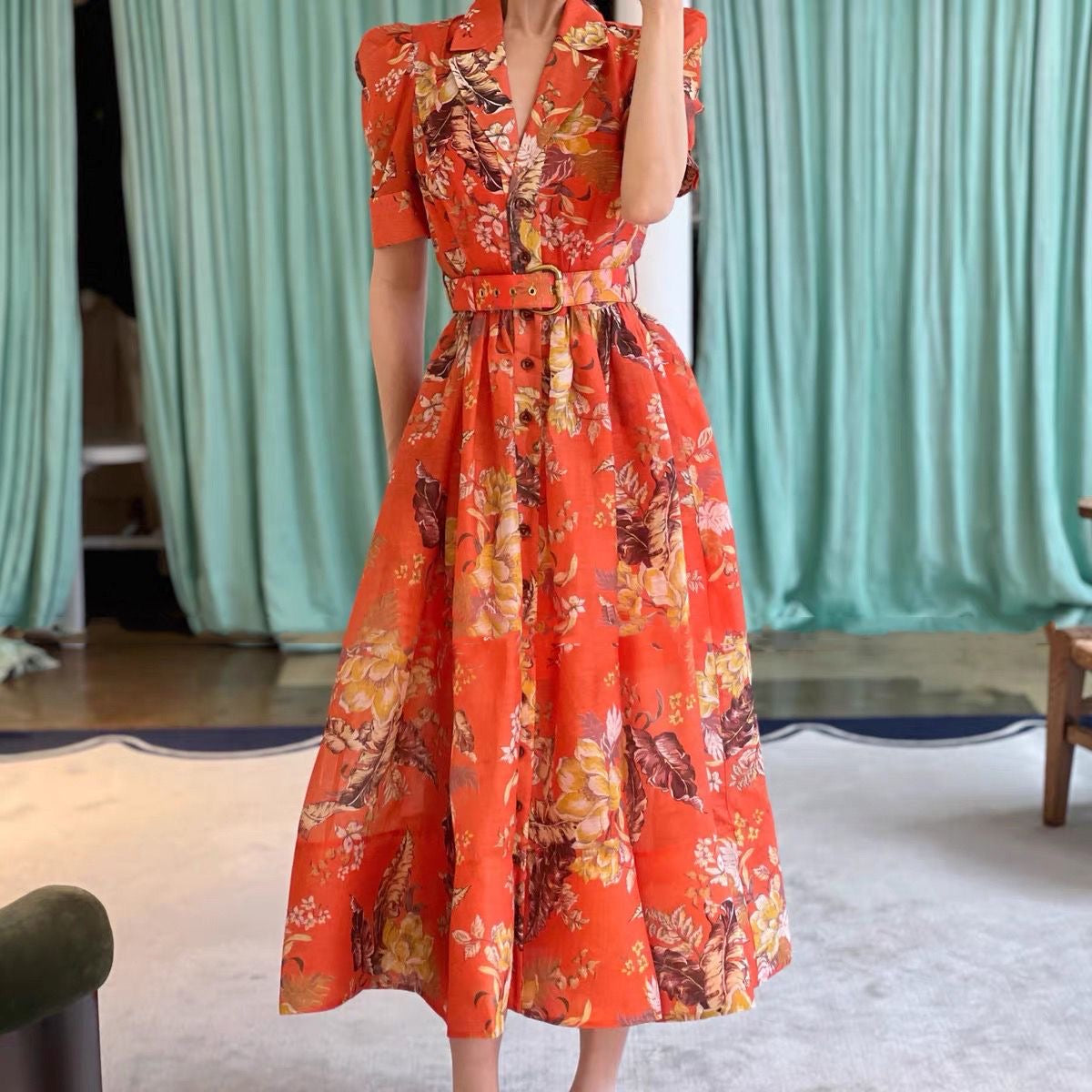 Tropical floral print resort dress