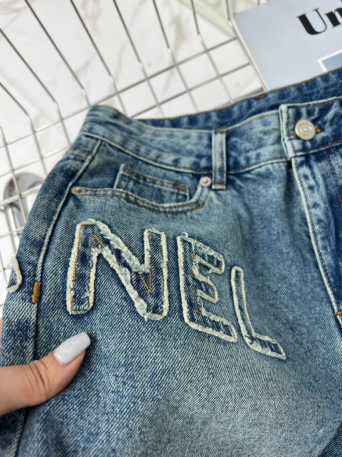 letter embroidered denim shorts