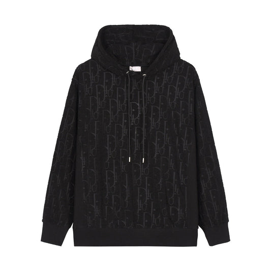 Classic all over print dark pattern terry embroidered hooded sweatshirt