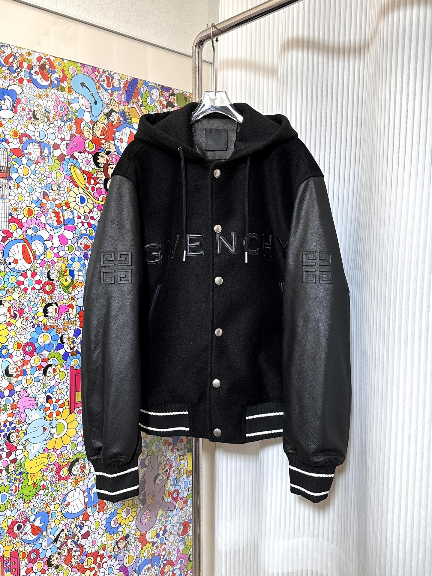 Classic patchwork leather hooded baseball jacket