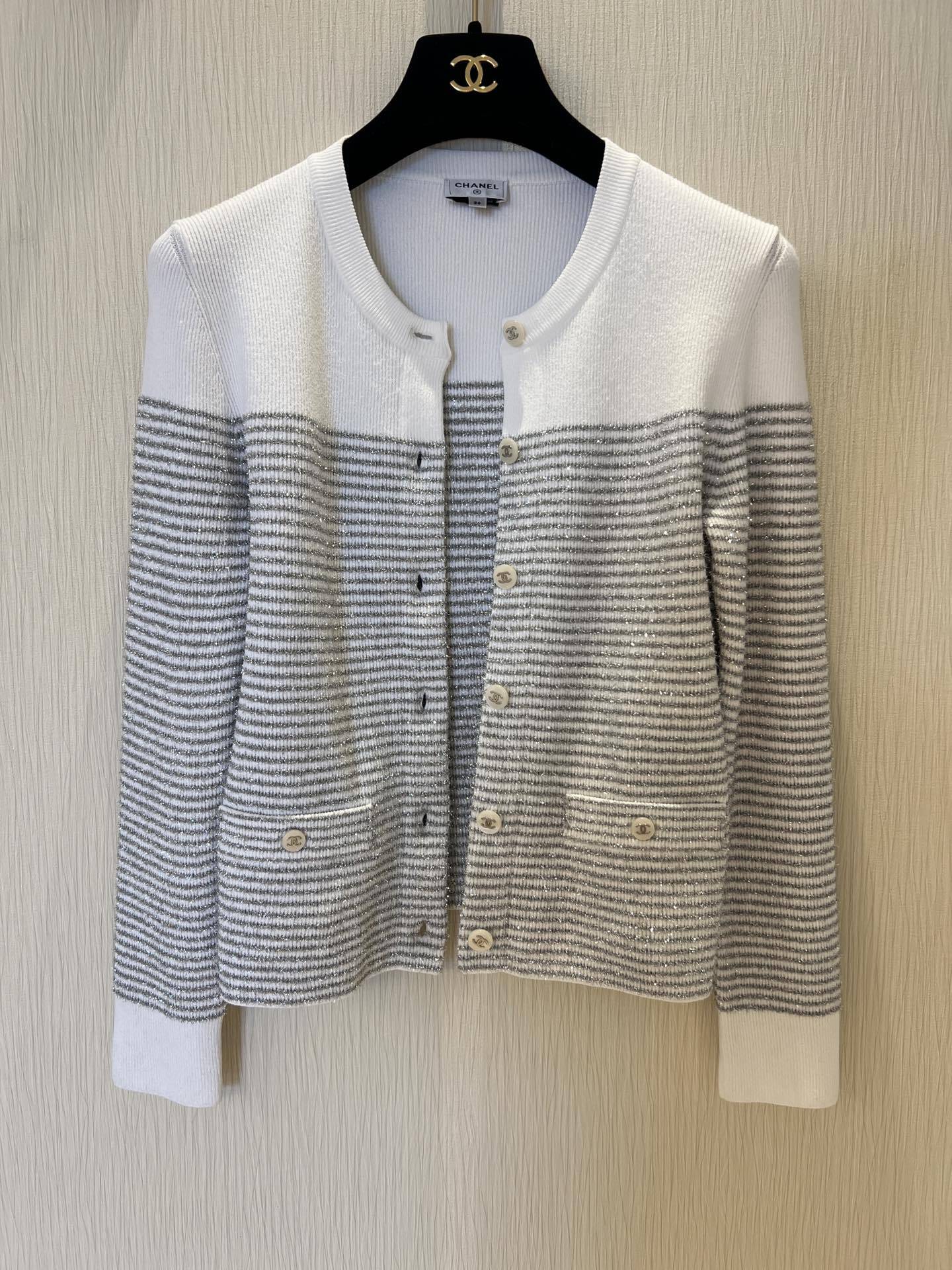 Silver striped round neck knitted cardigan