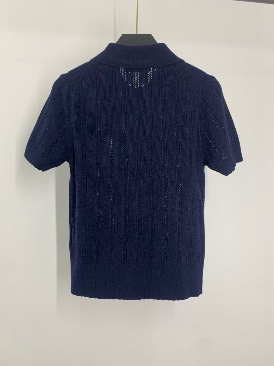 Wool polo vertical openwork knit short sleeves