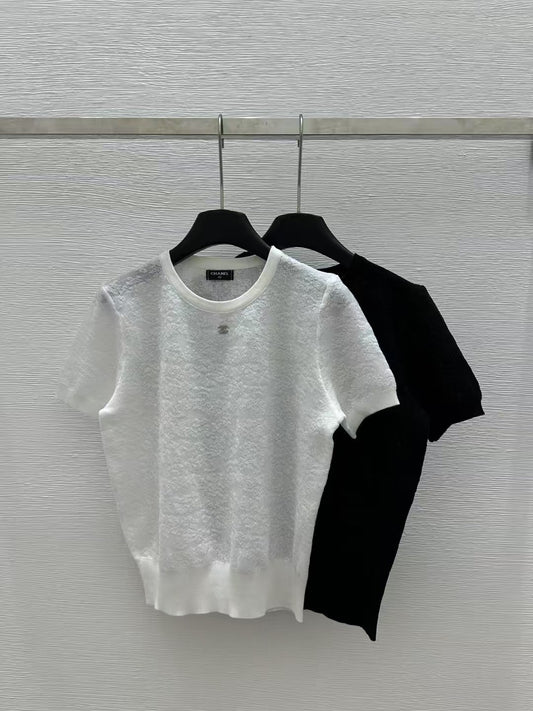 Solid color round neck hollow knitted short sleeves