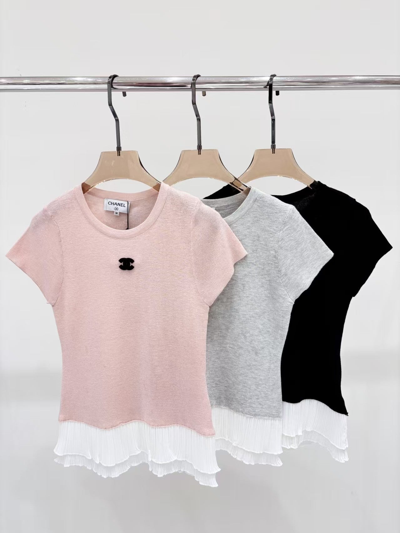 Logo patch lace stitching knitted short sleeves