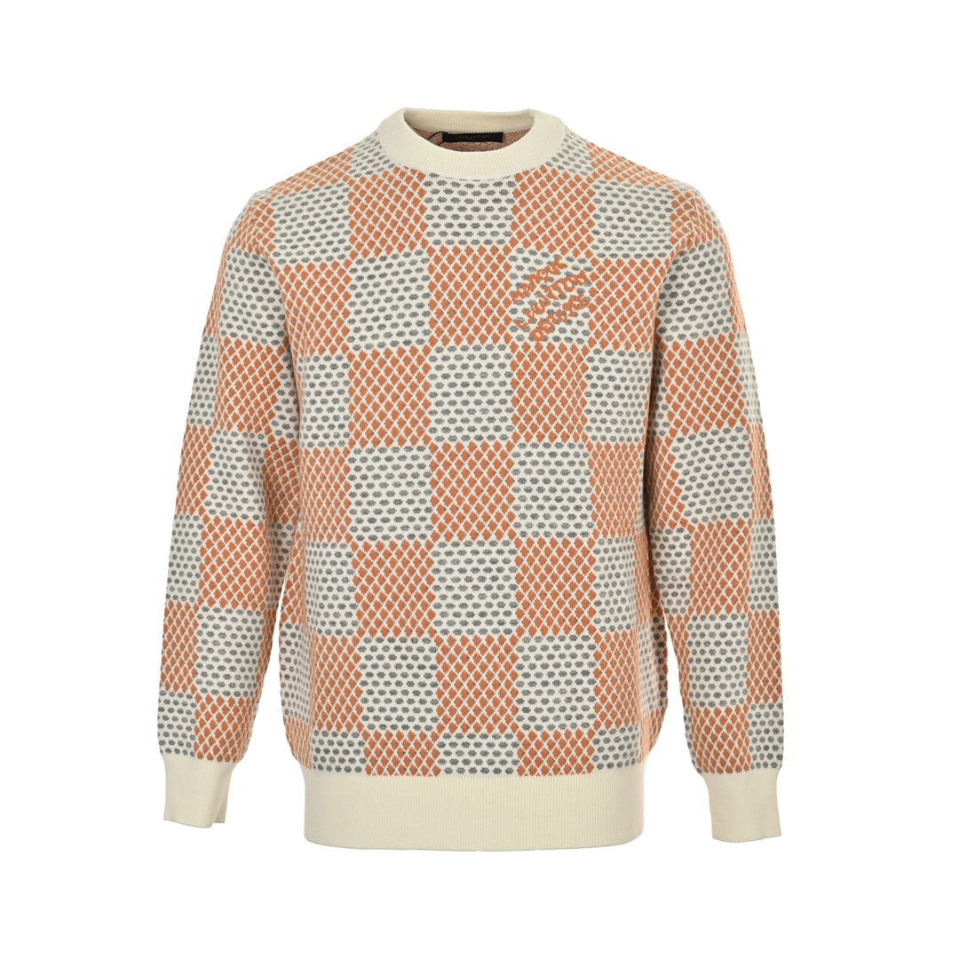 Checkerboard knit long-sleeve sweater