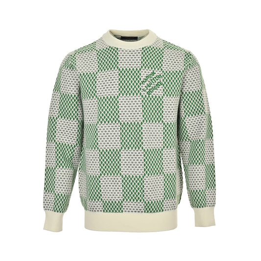 Checkerboard knit long-sleeve sweater