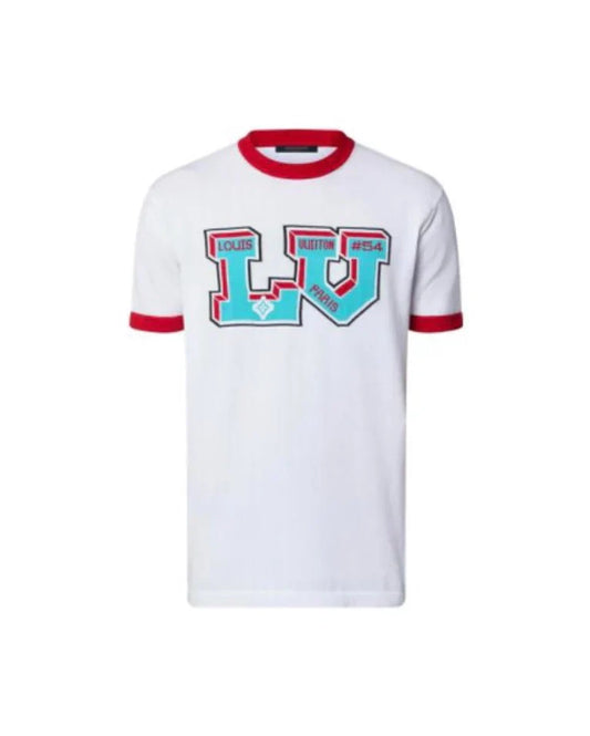 Red and blue jacquard large letter short sleeves