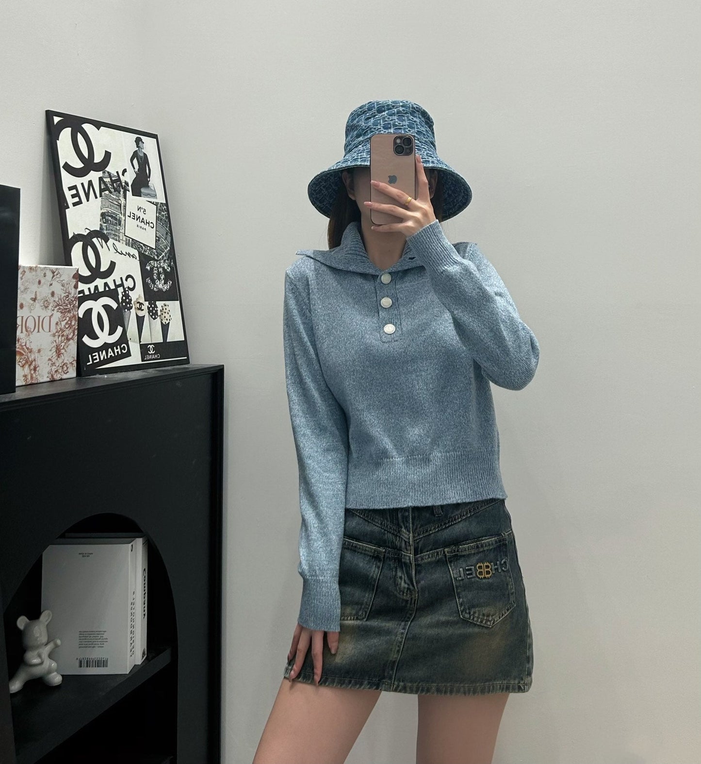 knitted navy collar pullover long sleeves