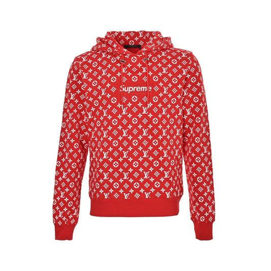 Joint style all-over printed presbyopic red hooded sweatshirt