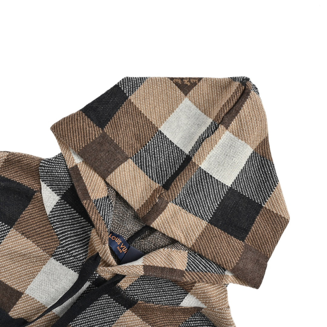 Checkerboard jacquard knit hooded sweatshirt