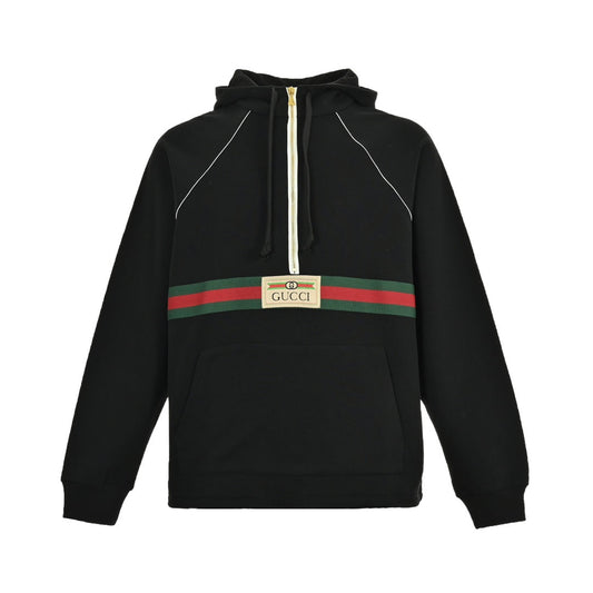 Red and green webbing half-zip long-sleeved hooded sweatshirt