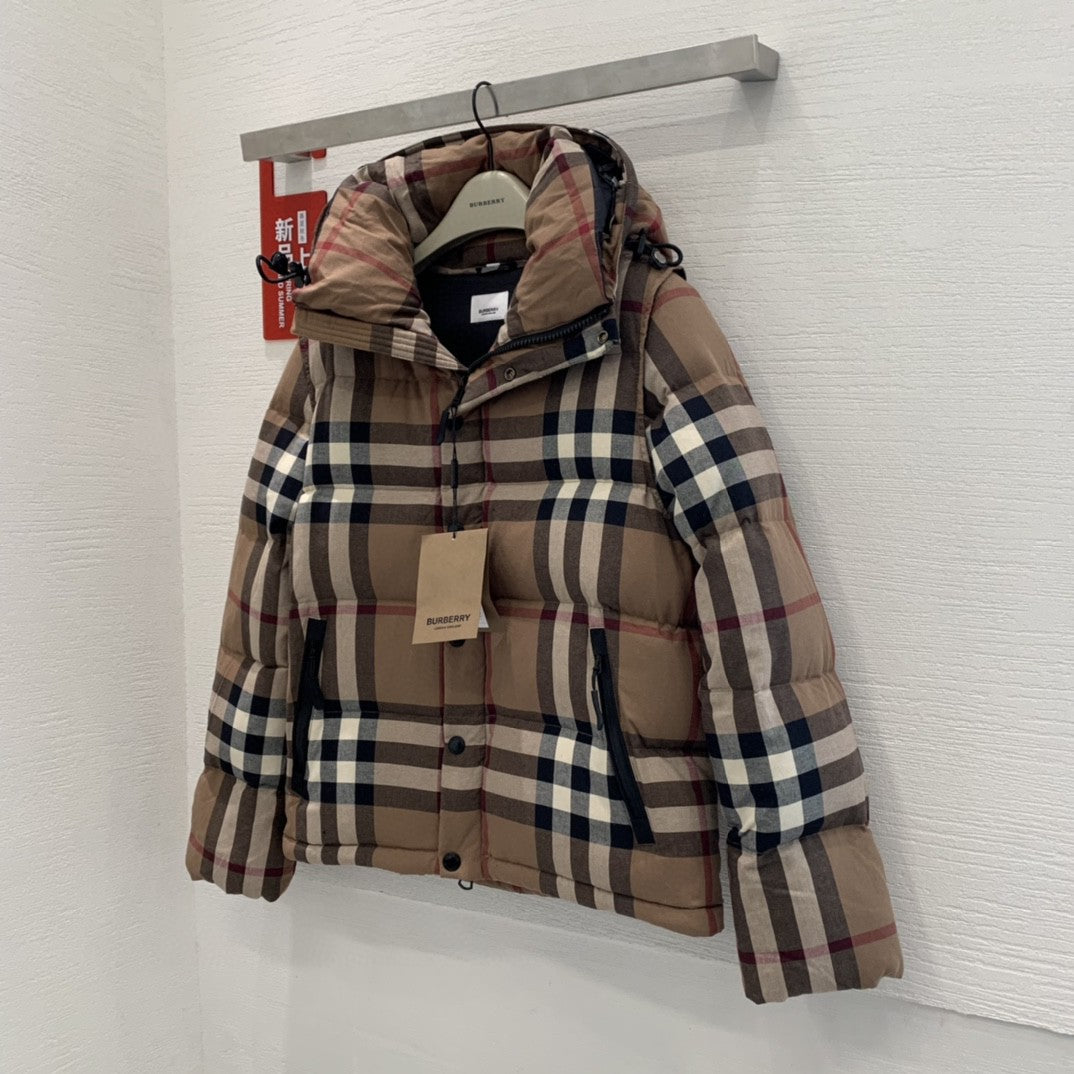 Classic plaid detachable sleeve zipper women's down jacket