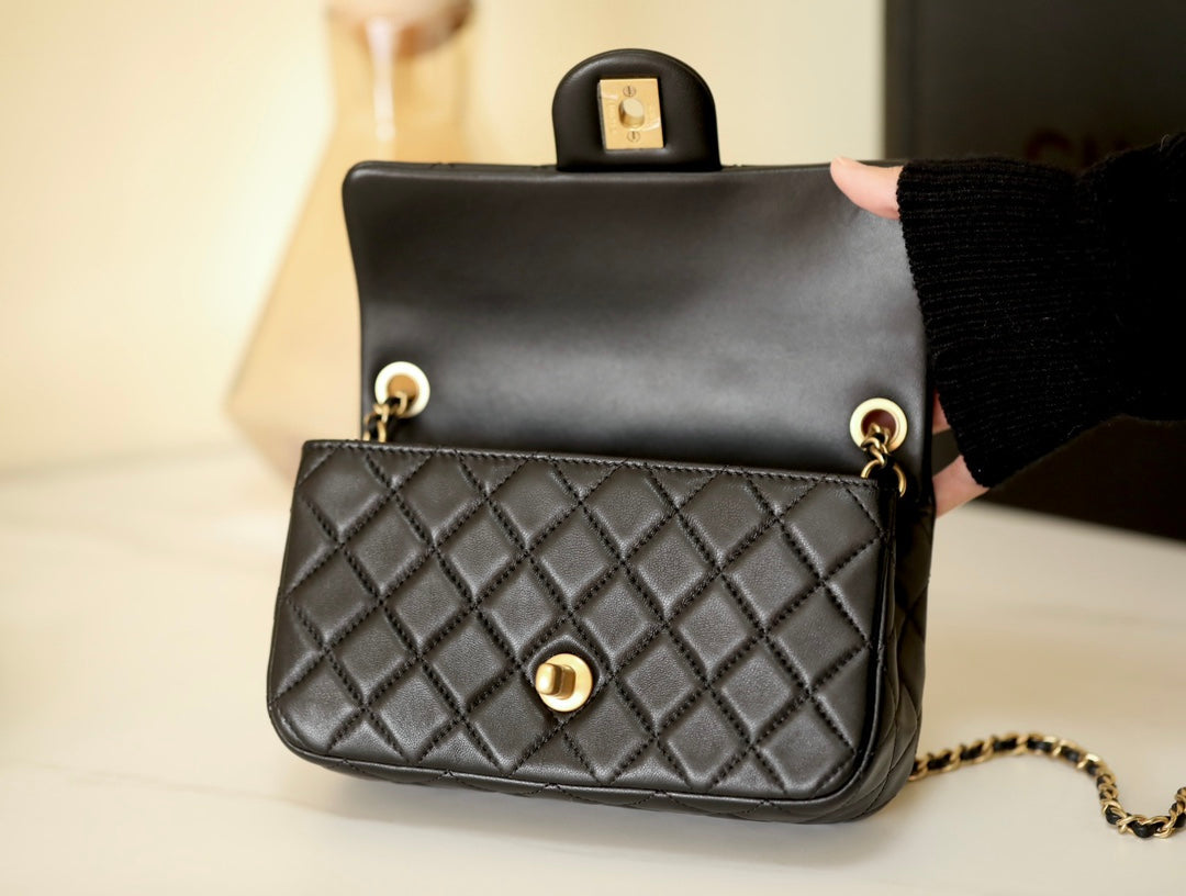 Mini Rectangular Pearl Crush Quilted Black Lambskin Gold Hardware