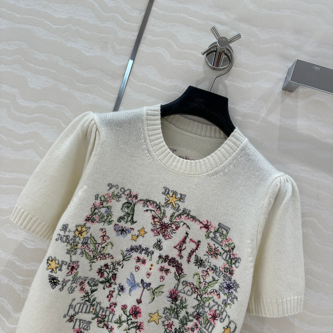 Cross-stitch embroidered cashmere short-sleeved sweater